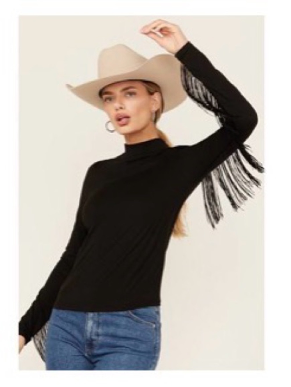 NWT Rock&Roll Denim Black Fringe-Sleeve Mock Neck Top (L)